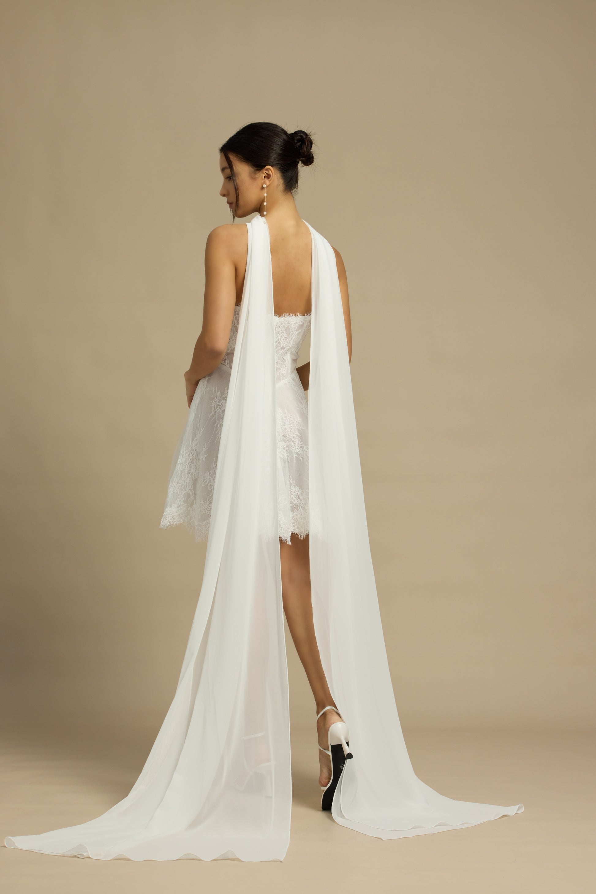 Ayana Lace Mini Dress with Chiffon Scarf | Bone & Grey Bridal | Wedding Afterparty Mini Dresses Online Canada USA Australia UK Singapore