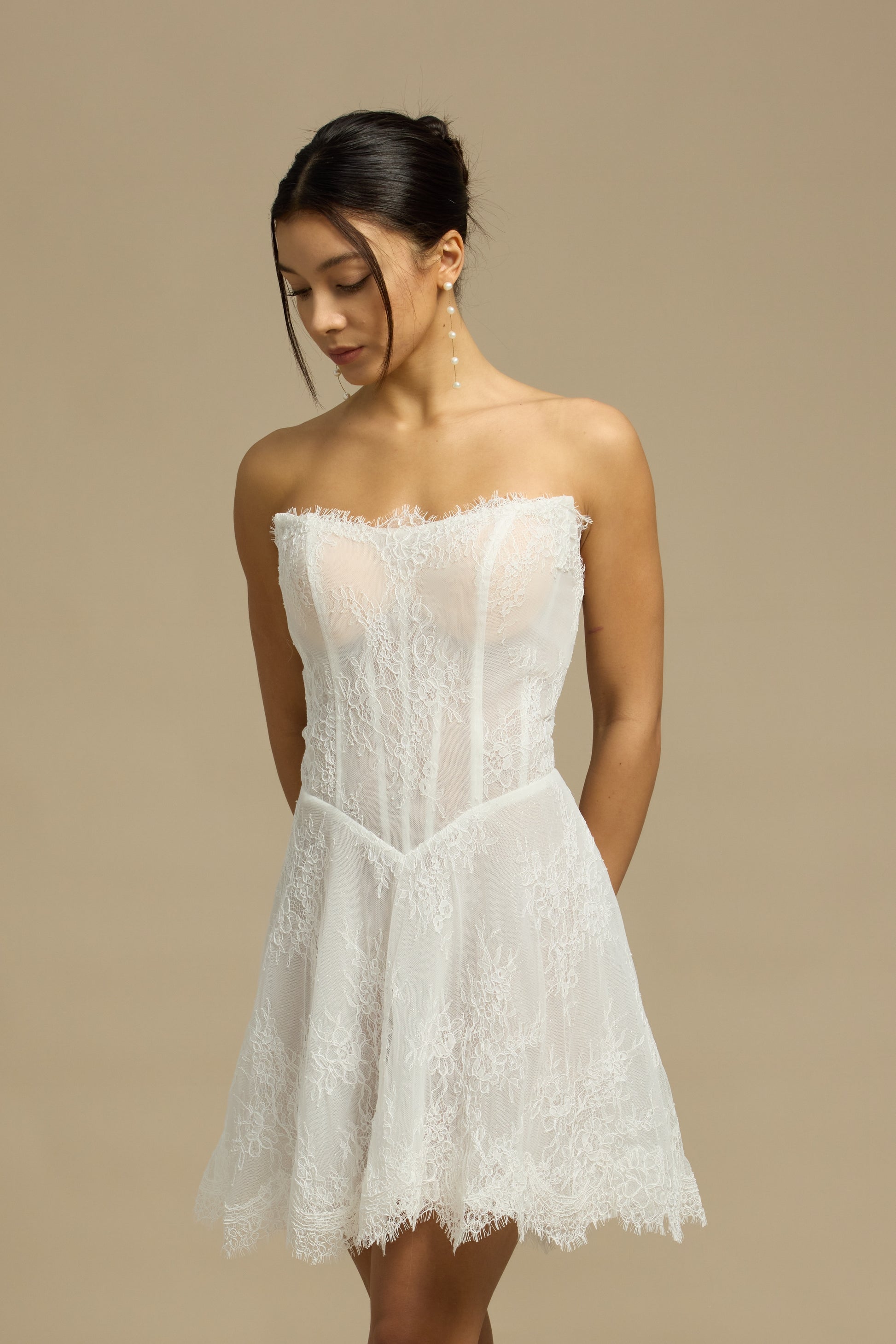 Ayana Lace Mini Dress with Chiffon Scarf | Bone & Grey Bridal | Wedding Afterparty Mini Dresses Online Canada USA Australia UK Singapore