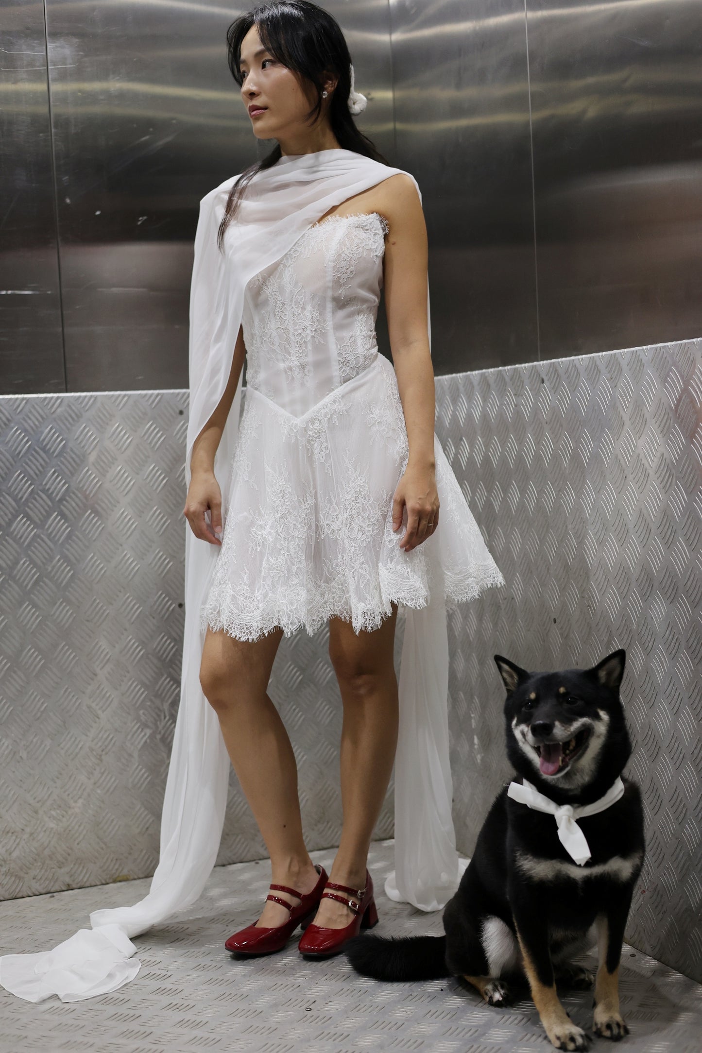 Ayana Lace Mini Dress with Chiffon Scarf | Bone & Grey Bridal | Wedding Afterparty Mini Dresses Online Canada USA Australia UK Singapore