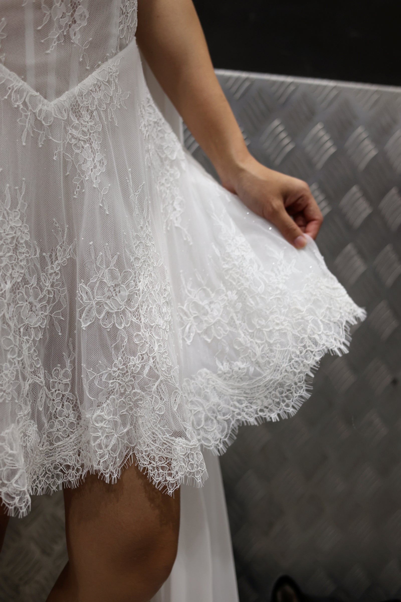 Ayana Lace Mini Dress with Chiffon Scarf | Bone & Grey Bridal | Wedding Afterparty Mini Dresses Online Canada USA Australia UK Singapore