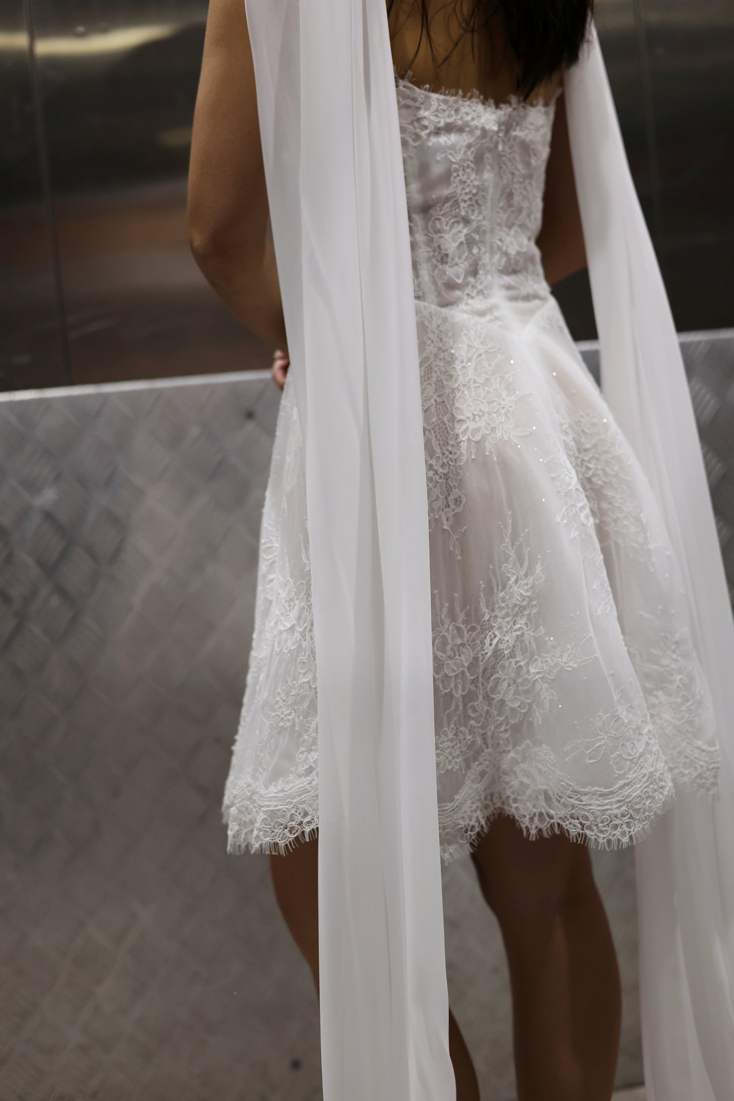 Ayana Lace Mini Dress with Chiffon Scarf | Bone & Grey Bridal | Wedding Afterparty Mini Dresses Online Canada USA Australia UK Singapore