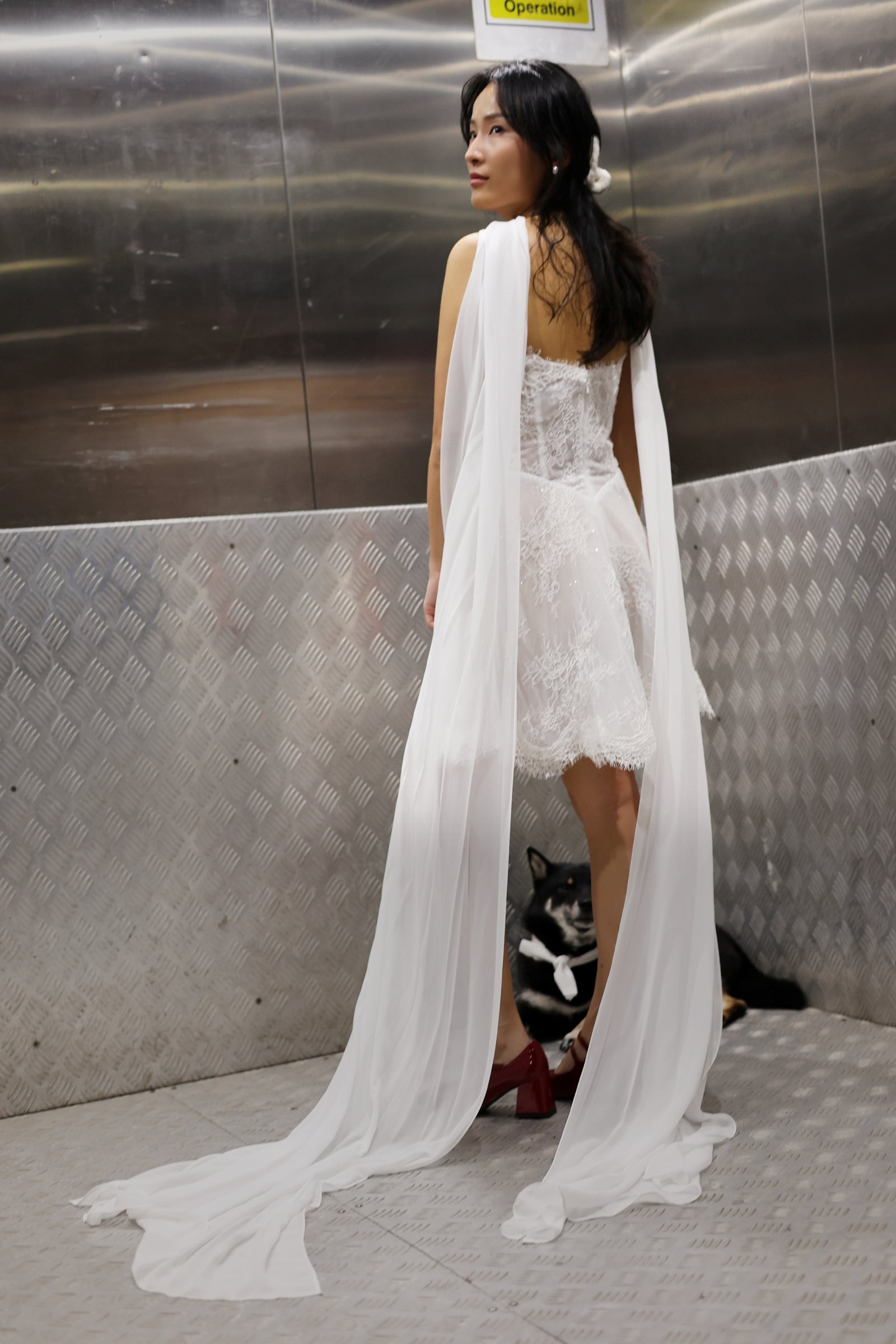 Ayana Lace Mini Dress with Chiffon Scarf | Bone & Grey Bridal | Wedding Afterparty Mini Dresses Online Canada USA Australia UK Singapore