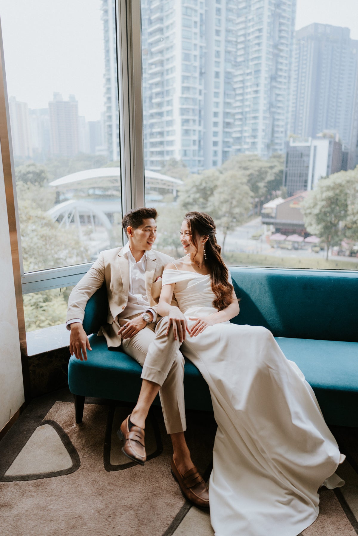Blake Sweetheart Off-the-Shoulder Column Wedding Gown with Slit | Bone and Grey Bridal | Affordable Simple Bridal Gowns Online Canada USA Singapore