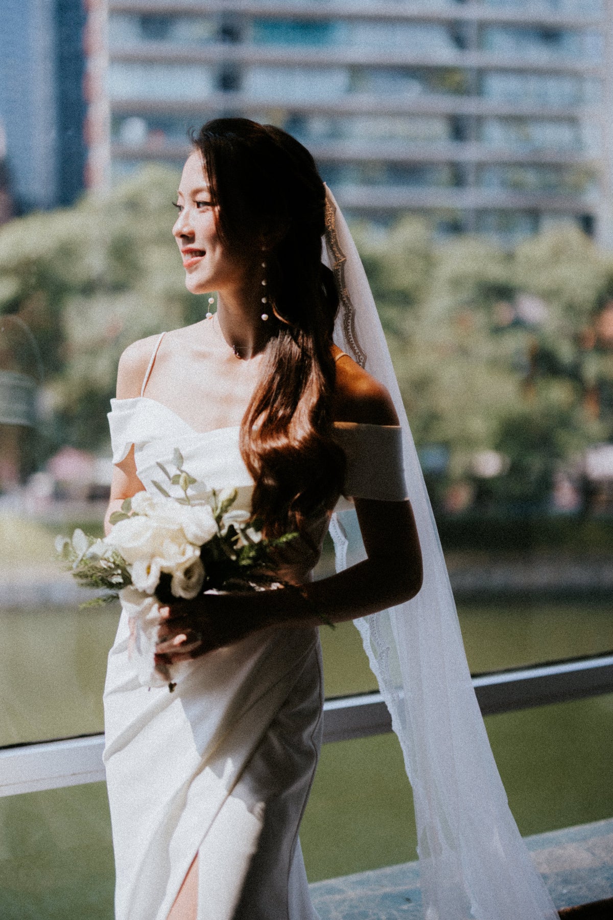 Blake Sweetheart Off-the-Shoulder Column Wedding Gown with Slit | Bone and Grey Bridal | Affordable Simple Bridal Gowns Online Canada USA Singapore