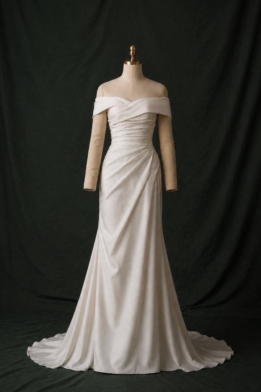 Blake Sweetheart Off-the-Shoulder Column Wedding Gown with Slit | Bone and Grey Bridal | Affordable Simple Bridal Gowns Online Canada USA Singapore