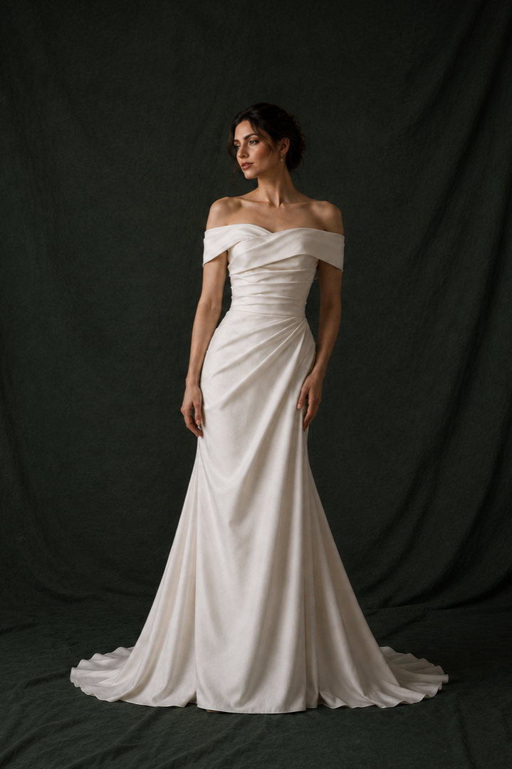 Blake Sweetheart Off-the-Shoulder Column Wedding Gown with Slit | Bone and Grey Bridal | Affordable Simple Bridal Gowns Online Canada USA Singapore