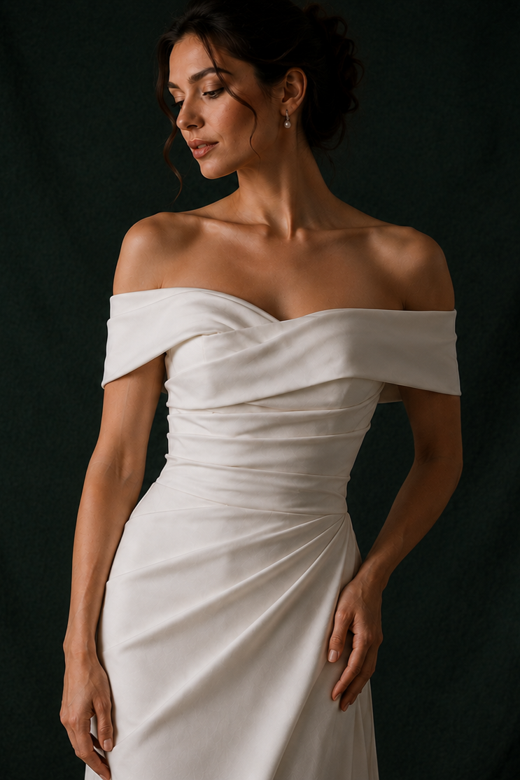 Blake Sweetheart Off-the-Shoulder Column Wedding Gown with Slit | Bone and Grey Bridal | Affordable Simple Bridal Gowns Online Canada USA Singapore