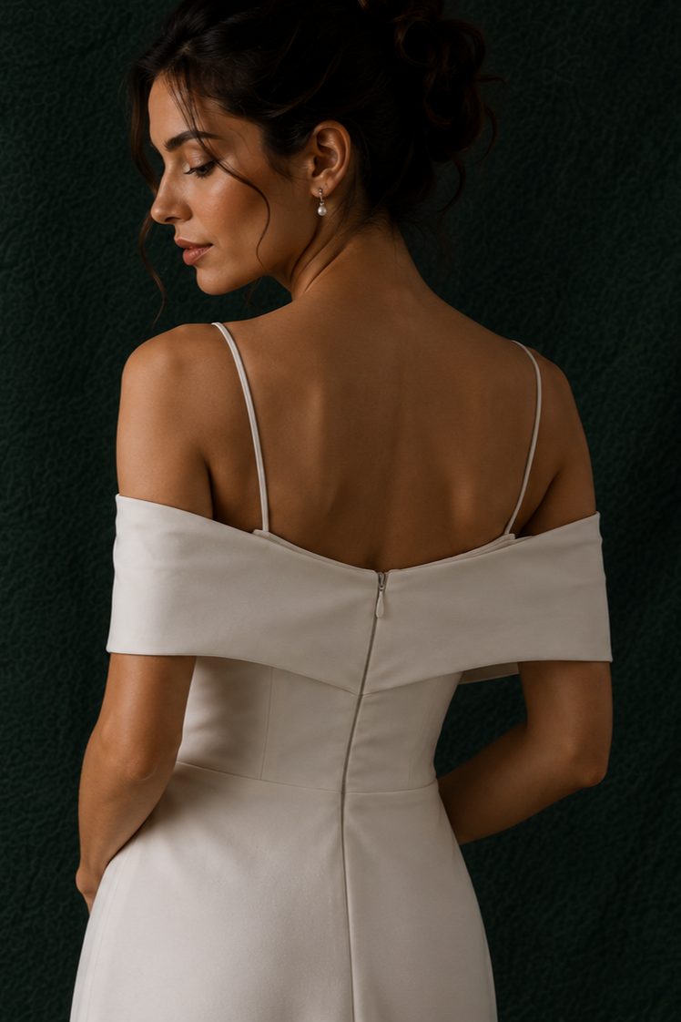 Blake Sweetheart Off-the-Shoulder Column Wedding Gown with Slit | Bone and Grey Bridal | Affordable Simple Bridal Gowns Online Canada USA Singapore