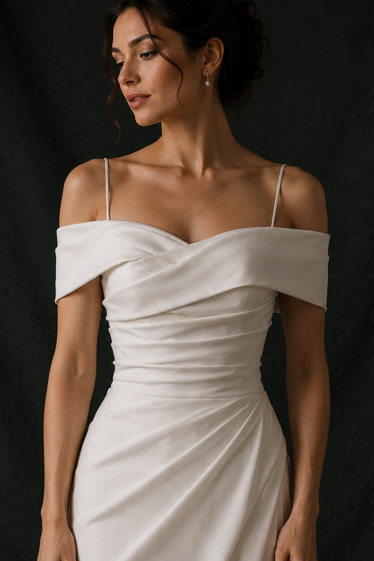 Blake Sweetheart Off-the-Shoulder Column Wedding Gown with Slit | Bone and Grey Bridal | Affordable Simple Bridal Gowns Online Canada USA Singapore