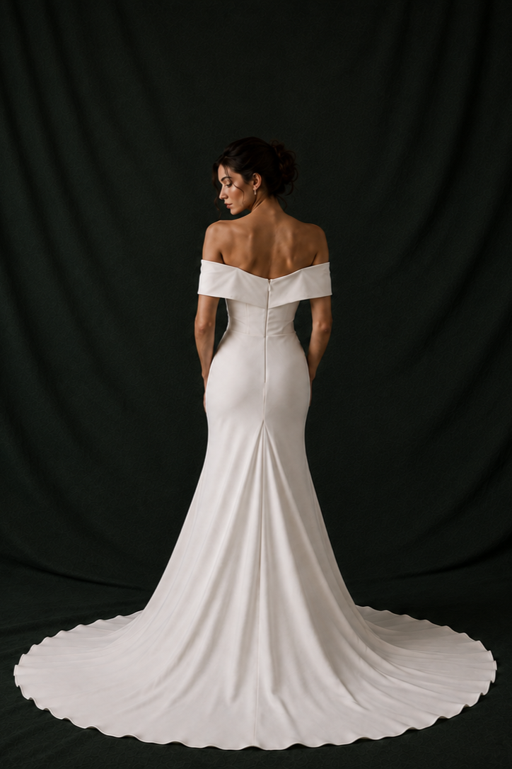 Blake Sweetheart Off-the-Shoulder Column Wedding Gown with Slit | Bone and Grey Bridal | Affordable Simple Bridal Gowns Online Canada USA Singapore
