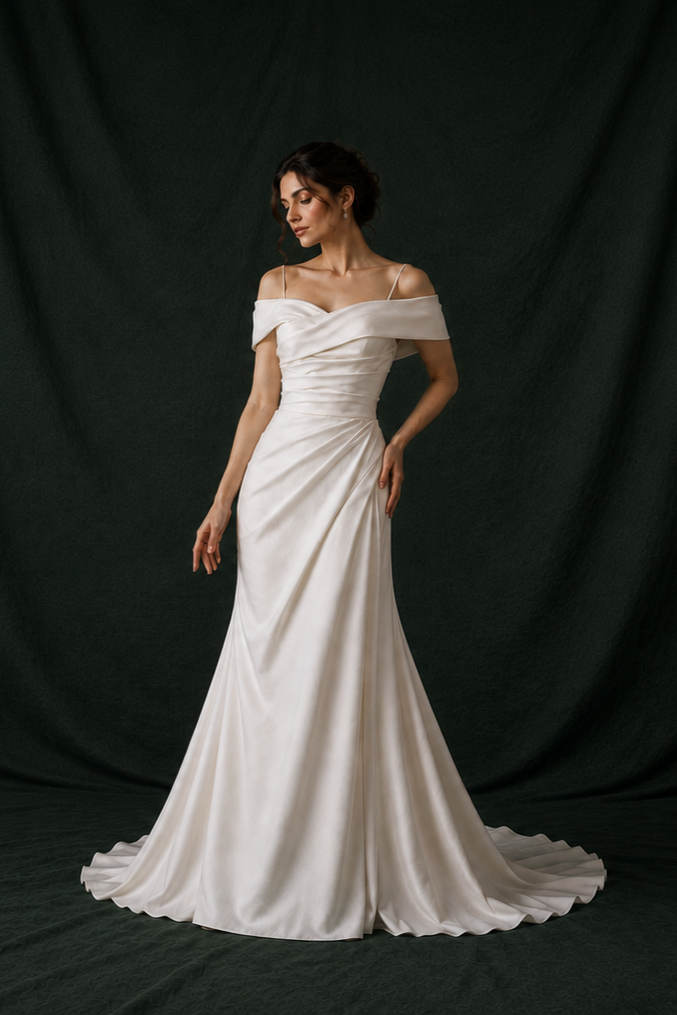 Blake Sweetheart Off-the-Shoulder Column Wedding Gown with Slit | Bone and Grey Bridal | Affordable Simple Bridal Gowns Online Canada USA Singapore