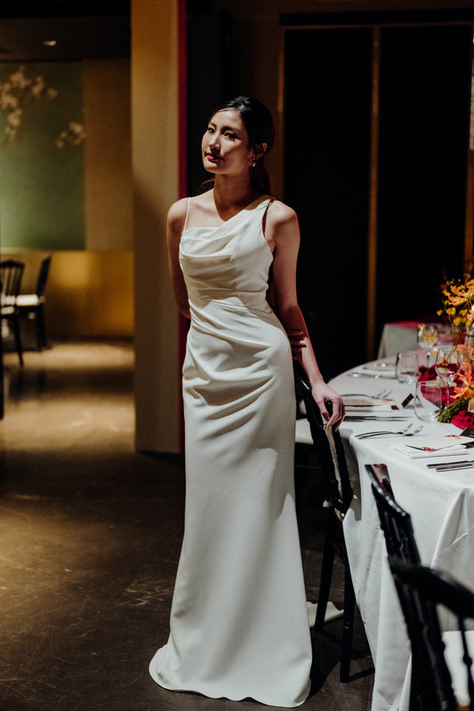 Bree Asymmetric Column Crepe Wedding Dress | Bone and Grey Bridal | Affordable minimal wedding dresses online Canada Singapore USA
