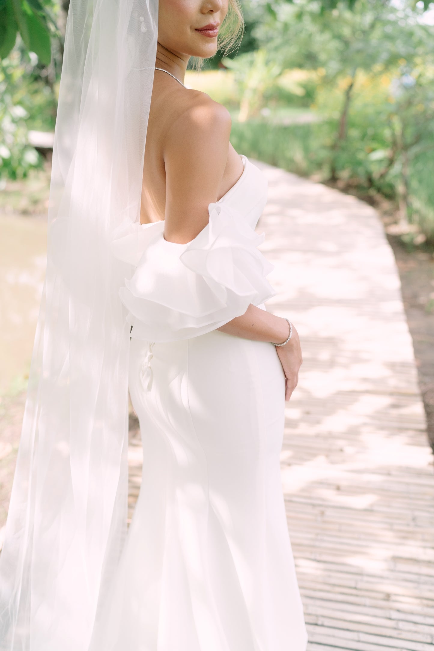 Cora Strapless Straight Neckline Spaghetti Straps Detachable Frilly Sleeves Column Crepe Wedding Dress | Bone and Grey Bridal | Affordable minimal wedding dresses online Canada Singapore USA