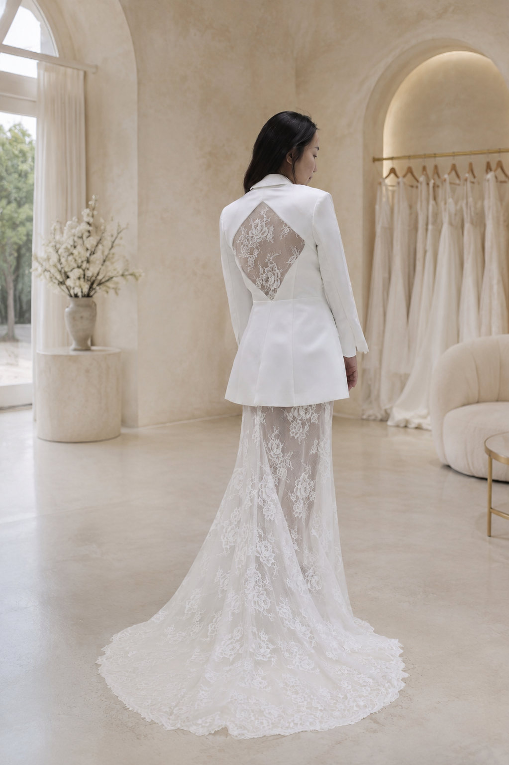 Cally 2-Piece Satin Fitted Double Breast Bridal Suit Jacket with Peak Lapels & French Lace Fit & Flare Skirt | Bone and Grey Bridal | Affordable Simple Bridal Gowns Online Canada USA Singapore