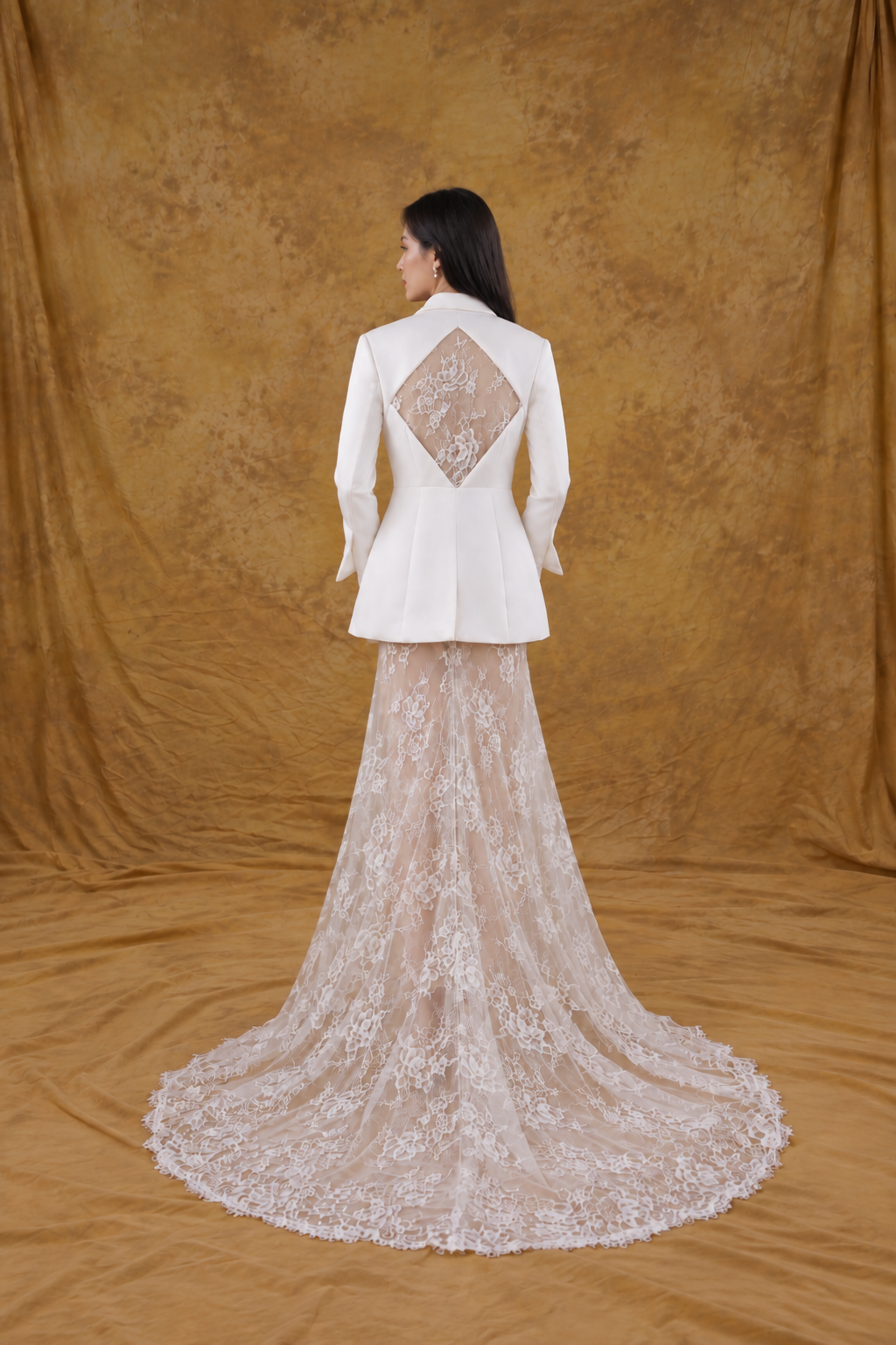 Cally 2-Piece Satin Fitted Double Breast Bridal Suit Jacket with Peak Lapels & French Lace Fit & Flare Skirt | Bone and Grey Bridal | Affordable Simple Bridal Gowns Online Canada USA Singapore