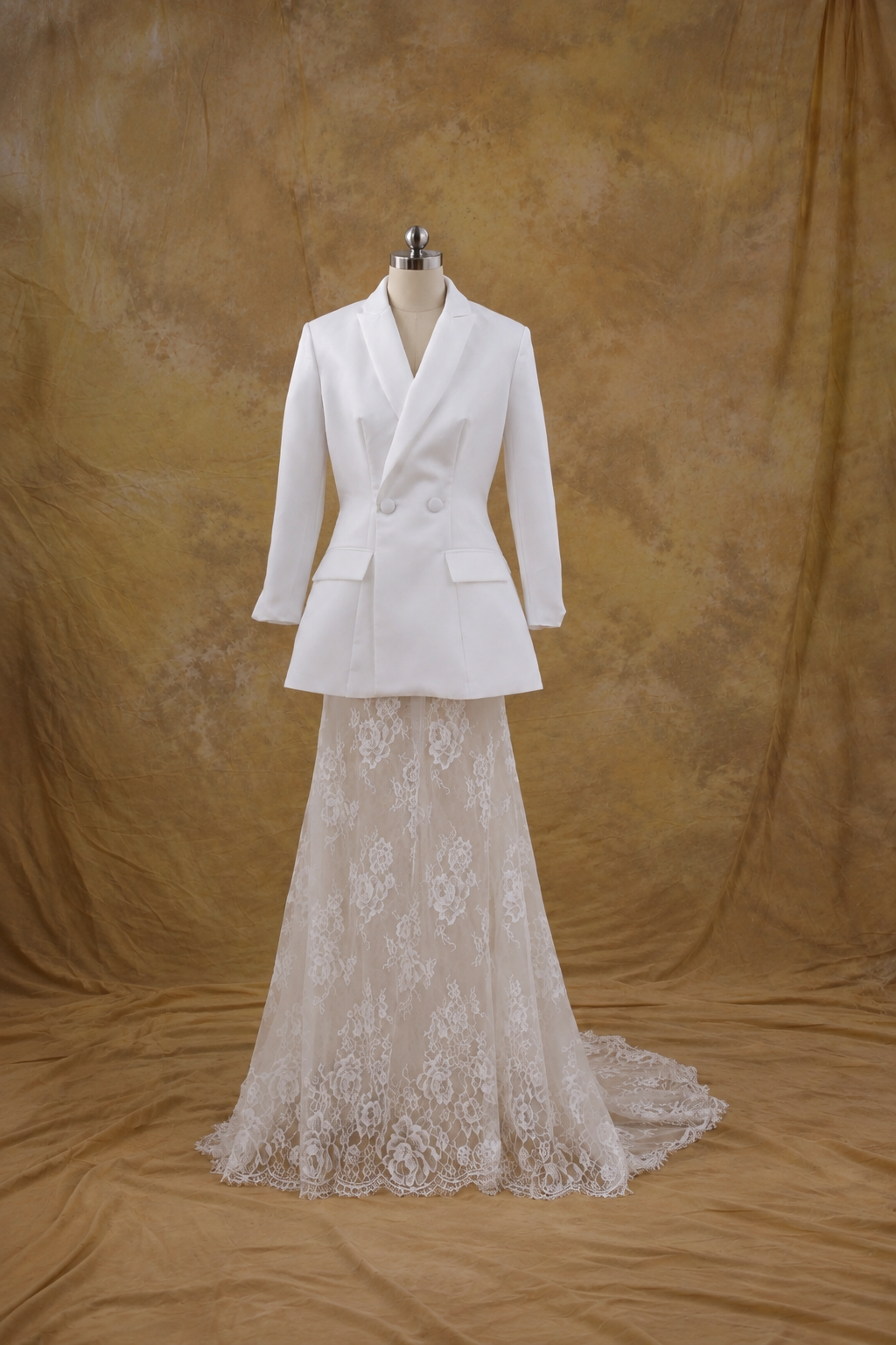 Cally 2-Piece Satin Fitted Double Breast Bridal Suit Jacket with Peak Lapels & French Lace Fit & Flare Skirt | Bone and Grey Bridal | Affordable Simple Bridal Gowns Online Canada USA Singapore