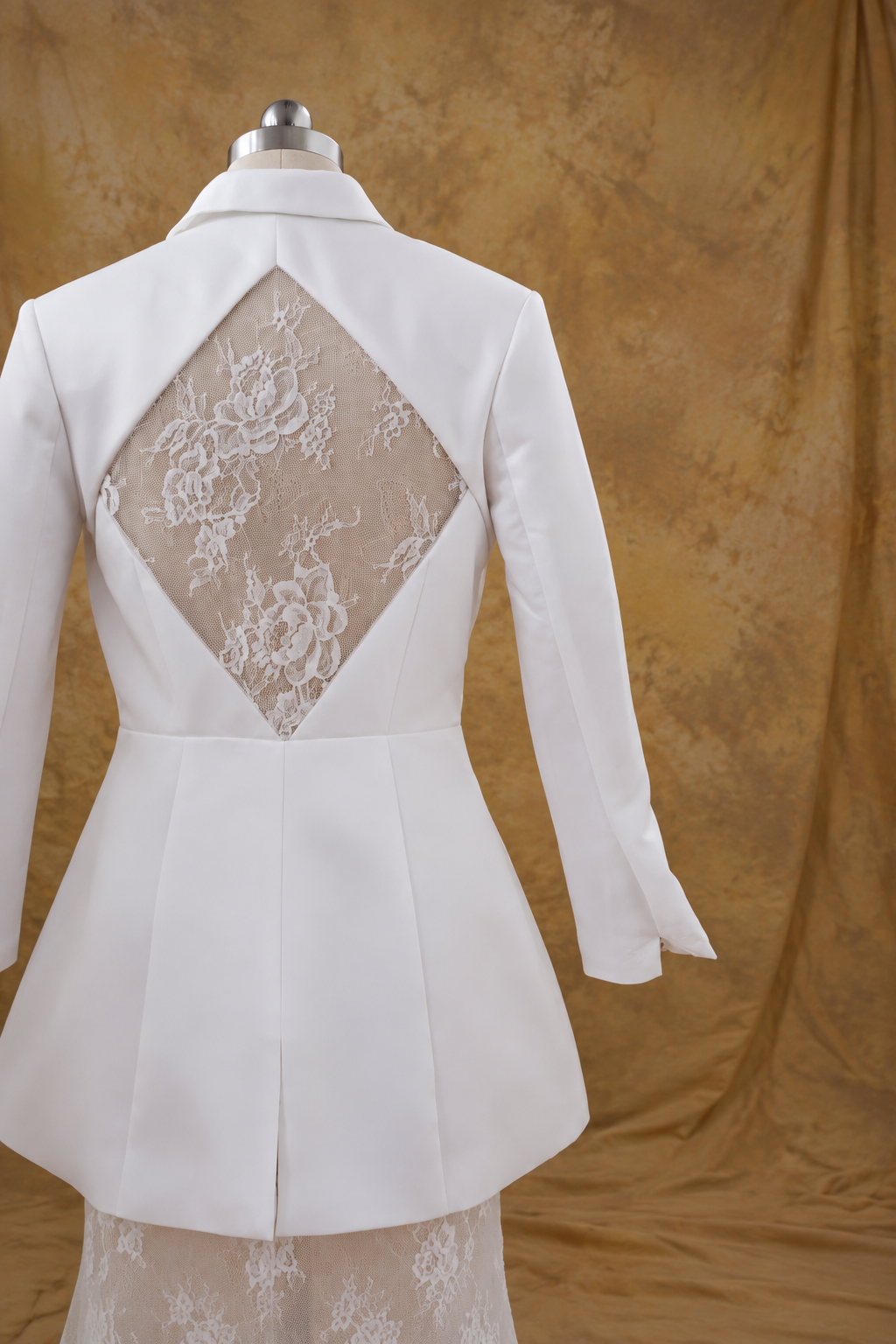 Cally 2-Piece Satin Fitted Double Breast Bridal Suit Jacket with Peak Lapels & French Lace Fit & Flare Skirt | Bone and Grey Bridal | Affordable Simple Bridal Gowns Online Canada USA Singapore