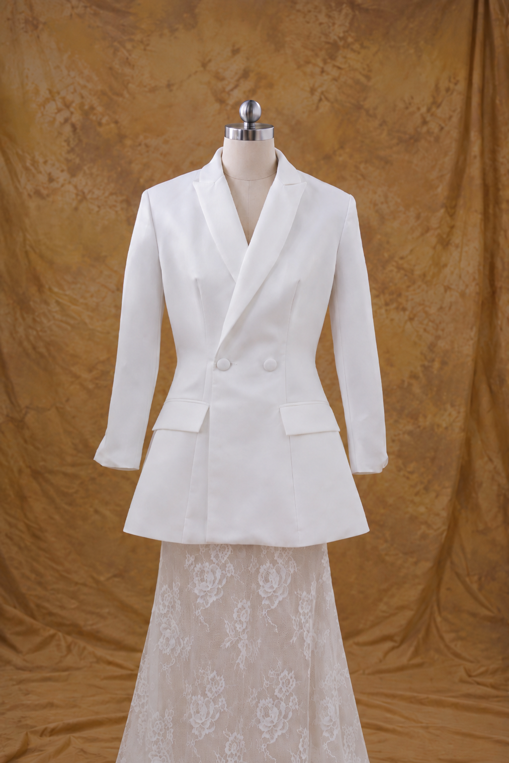 Cally 2-Piece Satin Fitted Double Breast Bridal Suit Jacket with Peak Lapels & French Lace Fit & Flare Skirt | Bone and Grey Bridal | Affordable Simple Bridal Gowns Online Canada USA Singapore