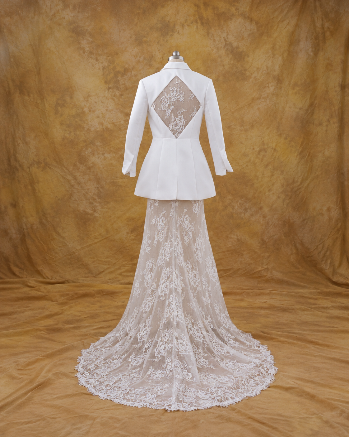 Cally 2-Piece Satin Fitted Double Breast Bridal Suit Jacket with Peak Lapels & French Lace Fit & Flare Skirt | Bone and Grey Bridal | Affordable Simple Bridal Gowns Online Canada USA Singapore