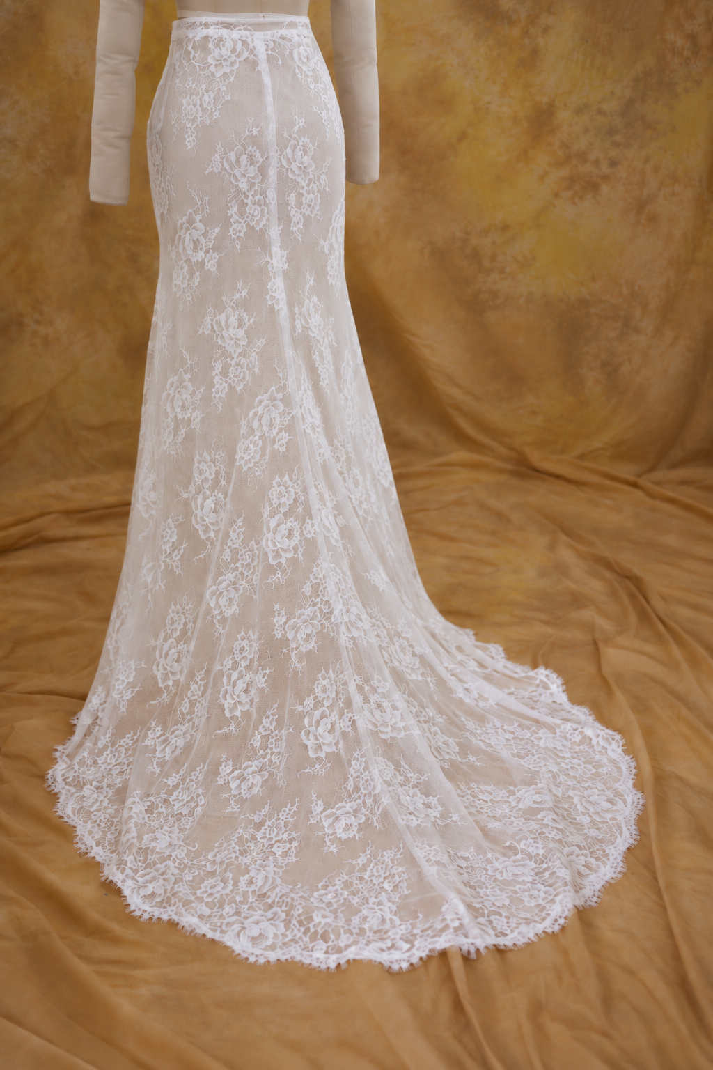 Cally 2-Piece Satin Fitted Double Breast Bridal Suit Jacket with Peak Lapels & French Lace Fit & Flare Skirt | Bone and Grey Bridal | Affordable Simple Bridal Gowns Online Canada USA Singapore
