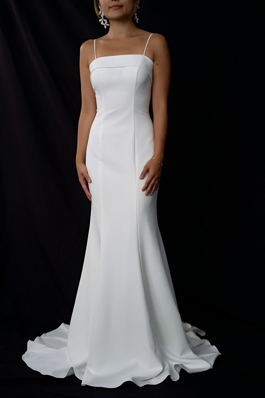 Cora Strapless Straight Neckline Spaghetti Straps Detachable Frilly Sleeves Column Crepe Wedding Dress | Bone and Grey Bridal | Affordable minimal wedding dresses online Canada Singapore USA