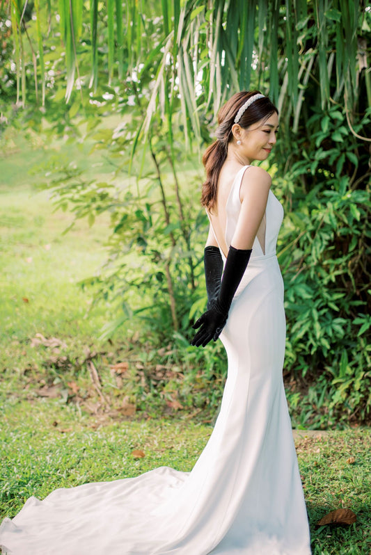 Rosalind Plunging V-neck Minimal Wedding Dress | Low V back with Fit n' Flare and Trumpet Skirt | Bone & Grey