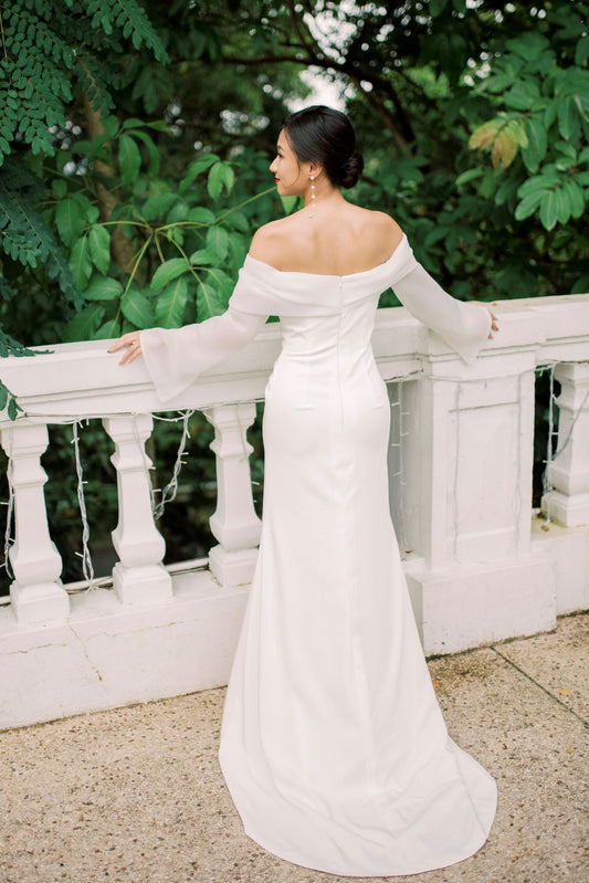 Evelyn Off-Shoulder Minimal Wedding Dress with Organza Long Sleeves | Bone & Grey
