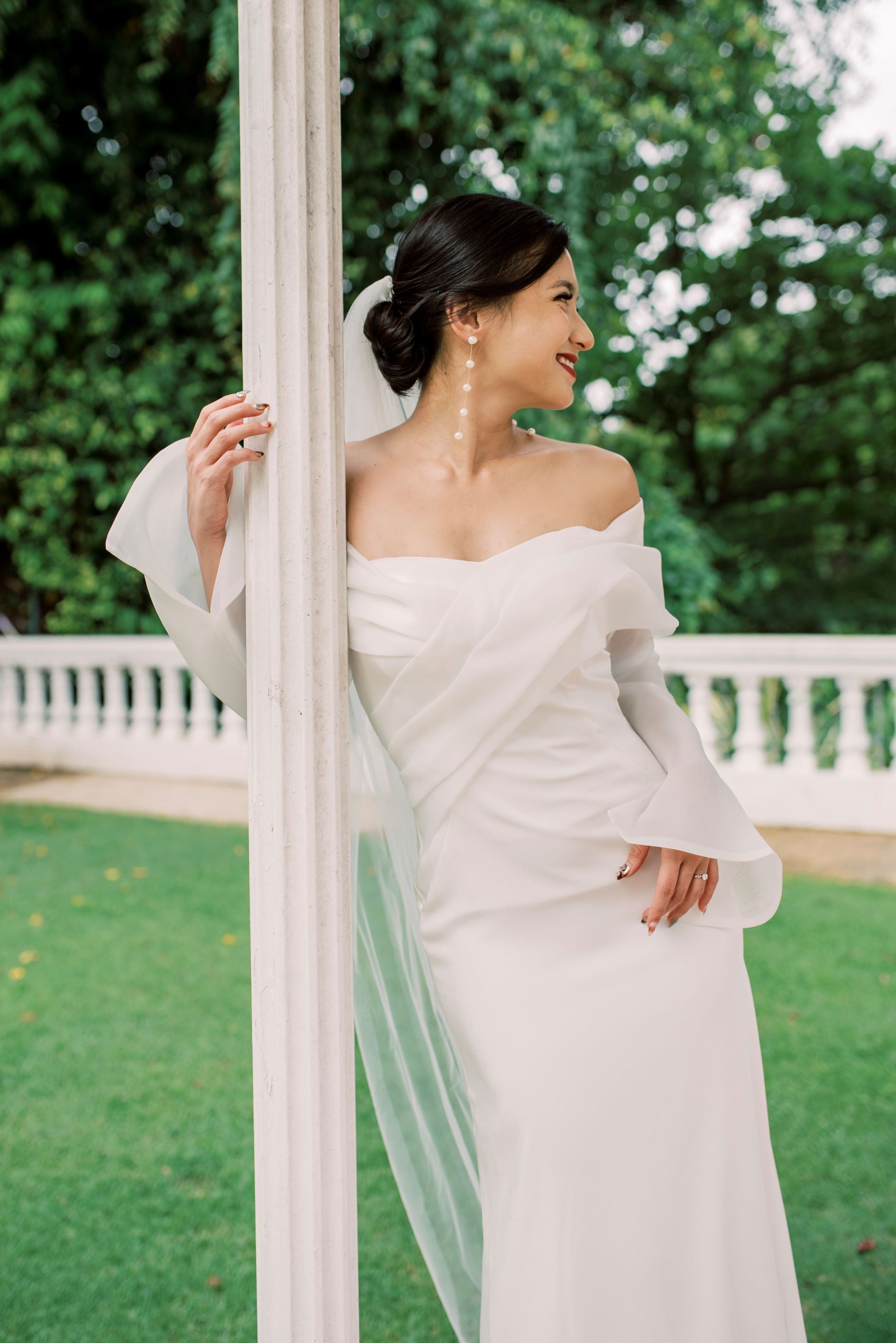 Evelyn Off Shoulder Fit Flare Organza Crepe Wedding Dress with Long Sleeves Bone and Grey Bridal Affordable Minimal Bridal Gowns Online Canada USA Singapore