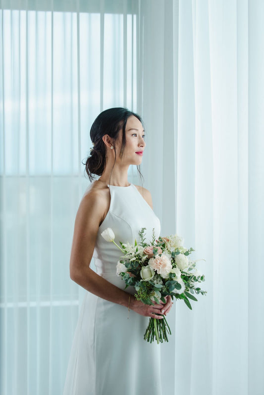 Elise halter minimal crepe wedding dress with mesh back | Bone and Grey Bridal | Minimal wedding dresses online Singapore Canada USA