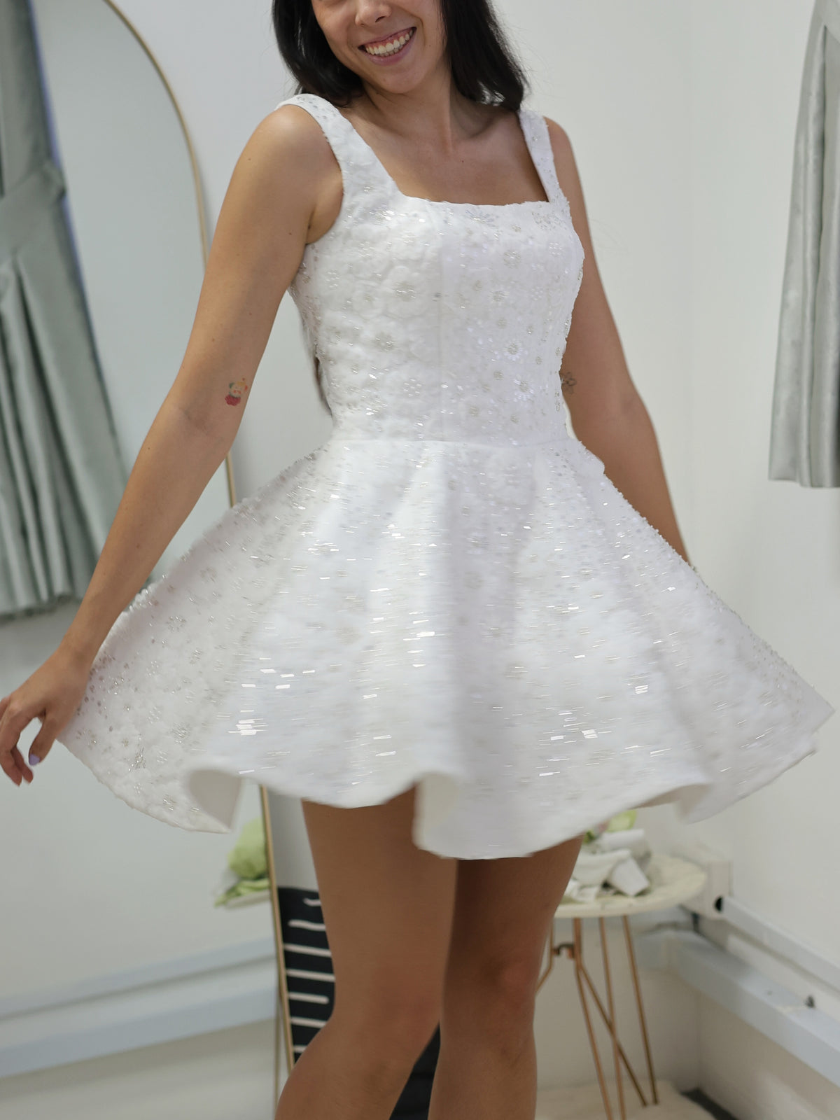 Elisha Bedazzled Square Neck Mini A-Line After-Party Dress | Bone and Grey Bridal | Affordable Simple Bridal Gowns Online Canada USA Singapore