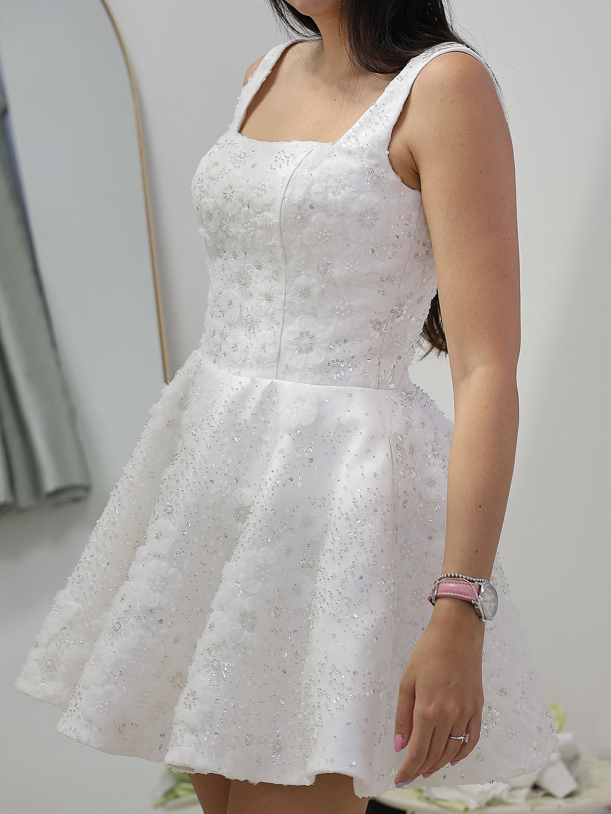 Elisha Bedazzled Square Neck Mini A-Line After-Party Dress | Bone and Grey Bridal | Affordable Simple Bridal Gowns Online Canada USA Singapore