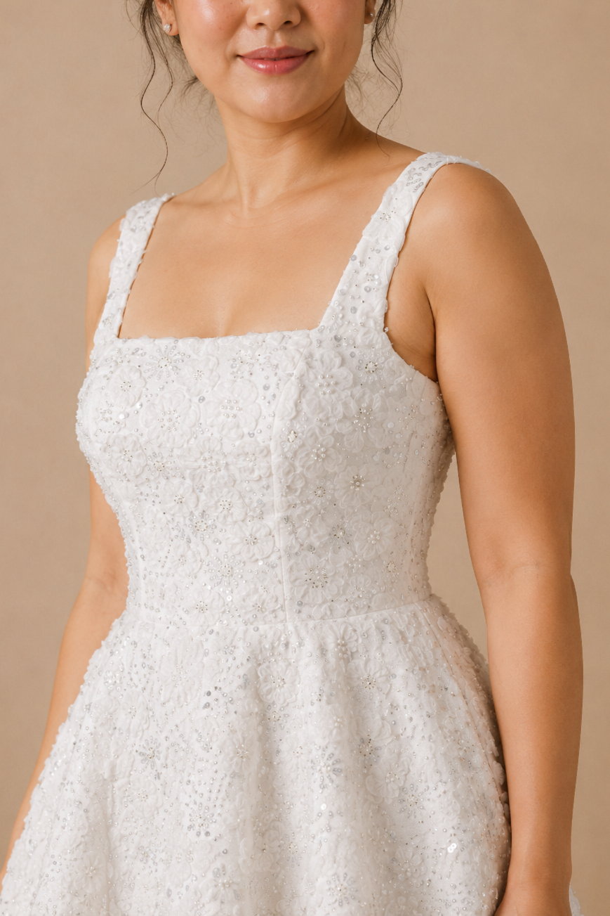 Elisha Bedazzled Square Neck Mini A-Line After-Party Dress | Bone and Grey Bridal | Affordable Simple Bridal Gowns Online Canada USA Singapore