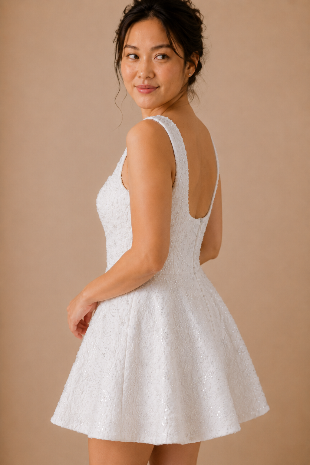 Elisha Bedazzled Square Neck Mini A-Line After-Party Dress | Bone and Grey Bridal | Affordable Simple Bridal Gowns Online Canada USA Singapore