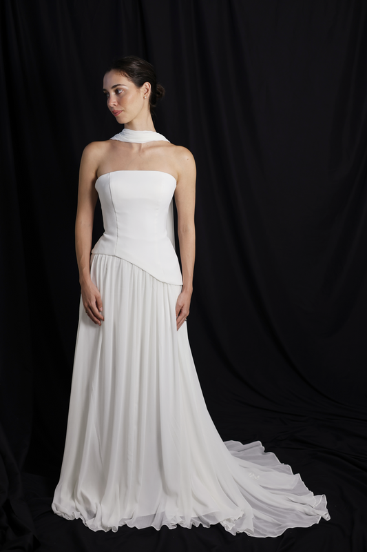 Elsa Strapless Corset A-Line Wedding Dress with Neck Scarf in Crepe & Chiffon | Bone and Grey Bridal | Affordable Simple Bridal Gowns Online Canada USA Singapore