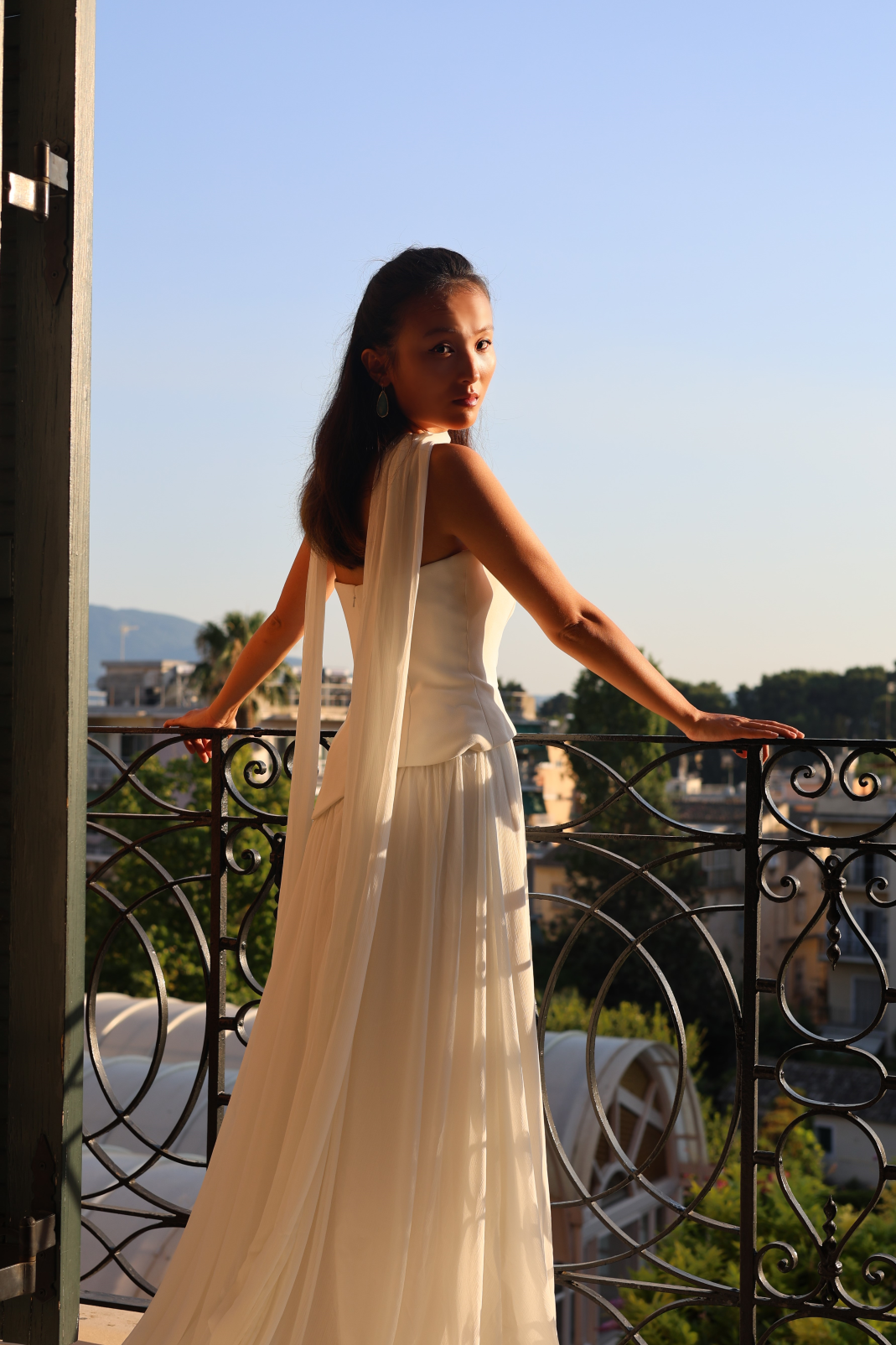 Elsa Strapless Corset A-Line Wedding Dress with Neck Scarf in Crepe & Chiffon | Bone and Grey Bridal | Affordable Simple Bridal Gowns Online Canada USA Singapore