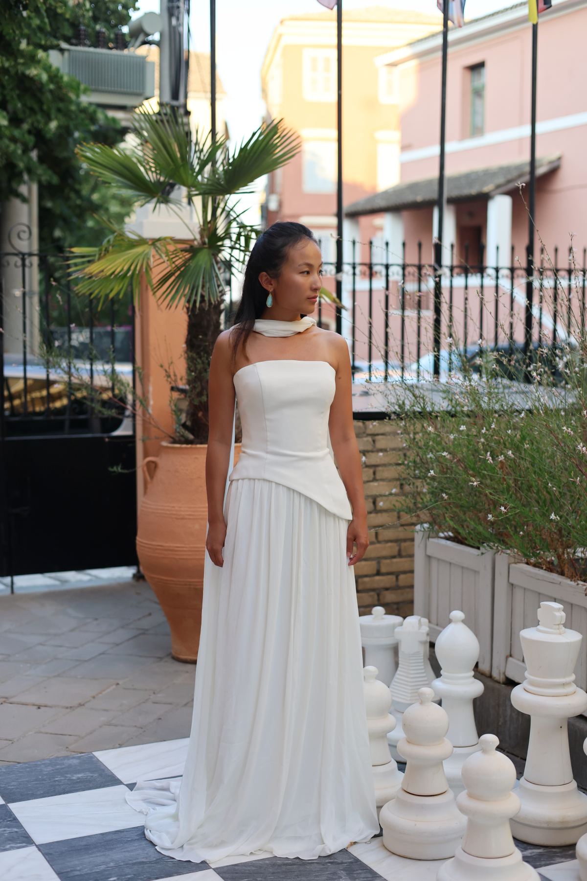 Elsa Strapless Corset A-Line Wedding Dress with Neck Scarf in Crepe & Chiffon | Bone and Grey Bridal | Affordable Simple Bridal Gowns Online Canada USA Singapore