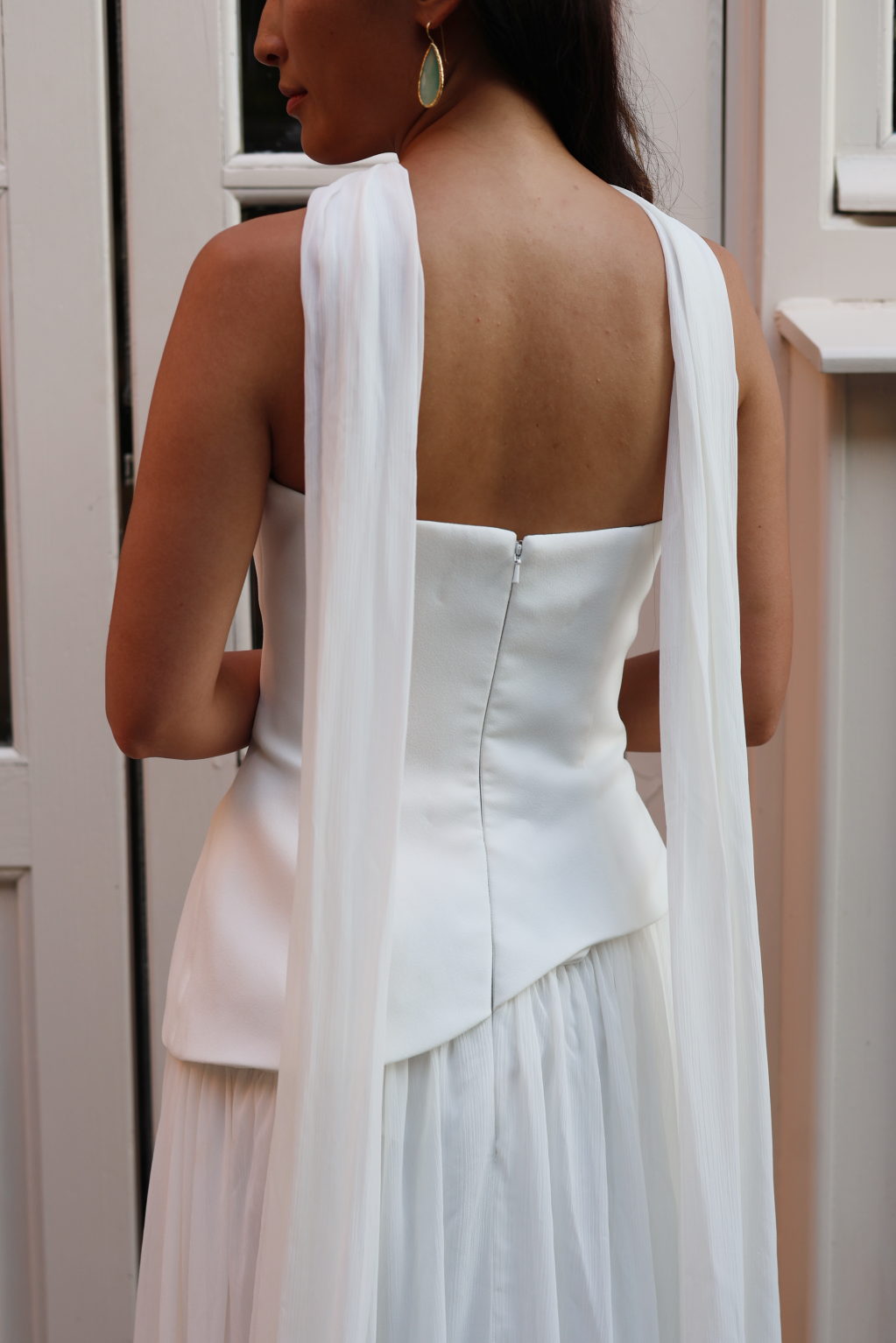 Elsa Strapless Corset A-Line Wedding Dress with Neck Scarf in Crepe & Chiffon | Bone and Grey Bridal | Affordable Simple Bridal Gowns Online Canada USA Singapore