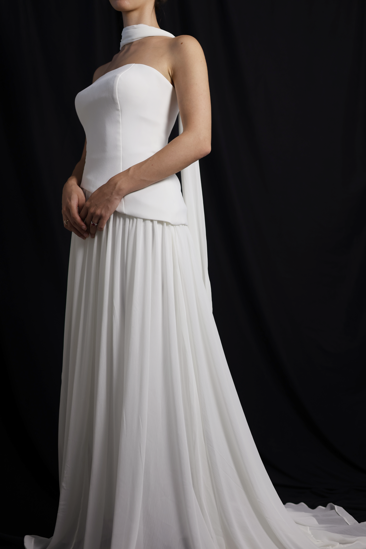 Elsa Strapless Corset A-Line Wedding Dress with Neck Scarf in Crepe & Chiffon | Bone and Grey Bridal | Affordable Simple Bridal Gowns Online Canada USA Singapore