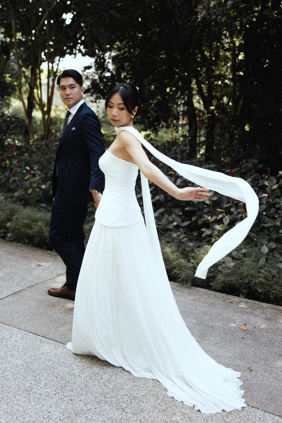 Elsa Strapless Corset A-Line Wedding Dress with Neck Scarf in Crepe & Chiffon | Bone and Grey Bridal | Affordable Simple Bridal Gowns Online Canada USA Singapore