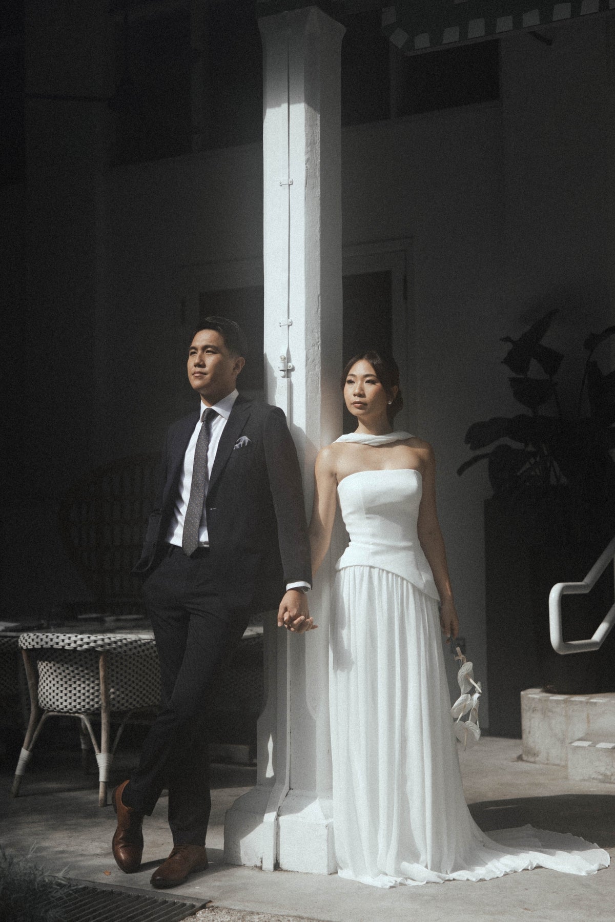 Elsa Strapless Corset A-Line Wedding Dress with Neck Scarf in Crepe & Chiffon | Bone and Grey Bridal | Affordable Simple Bridal Gowns Online Canada USA Singapore