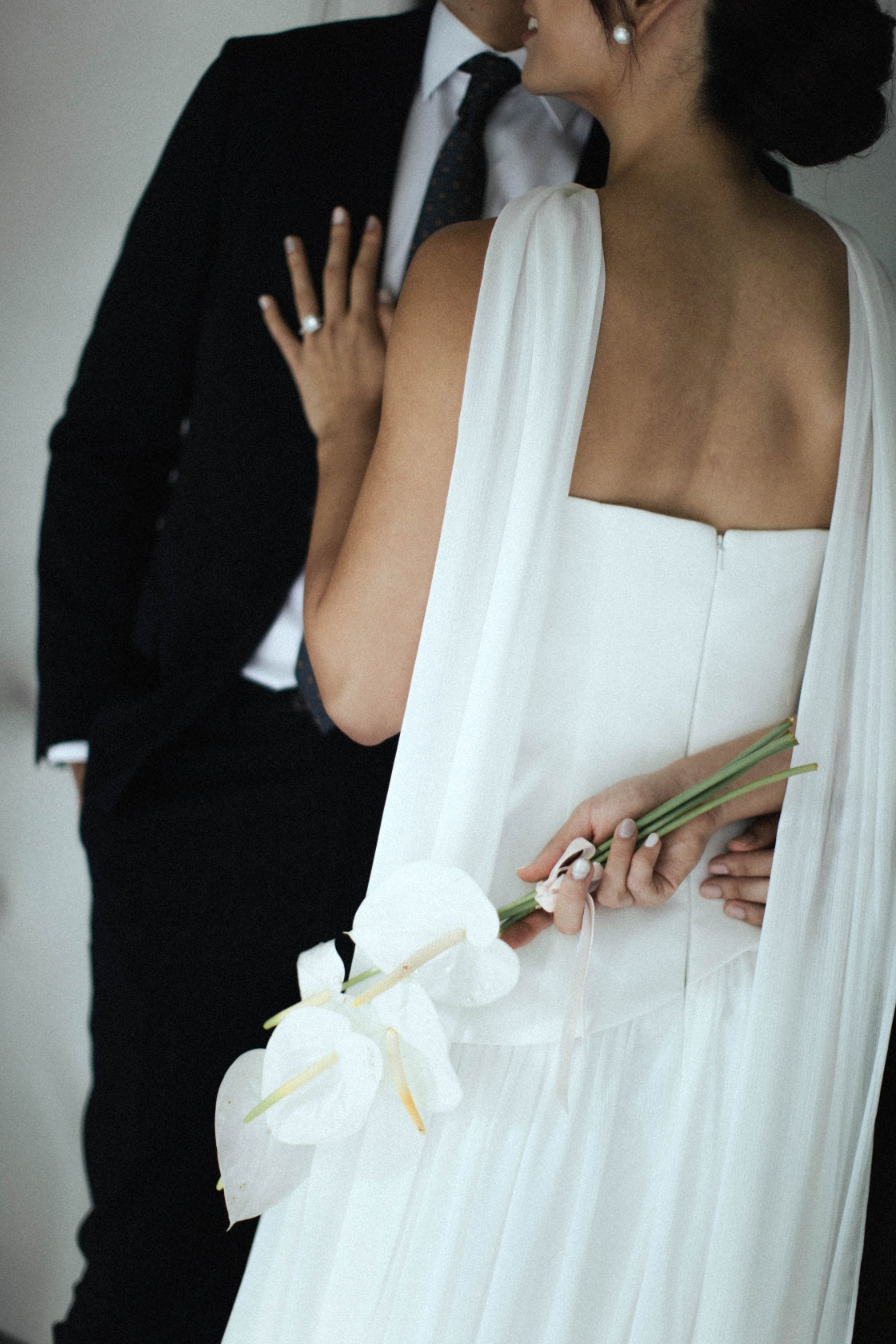 Elsa Strapless Corset A-Line Wedding Dress with Neck Scarf in Crepe & Chiffon | Bone and Grey Bridal | Affordable Simple Bridal Gowns Online Canada USA Singapore