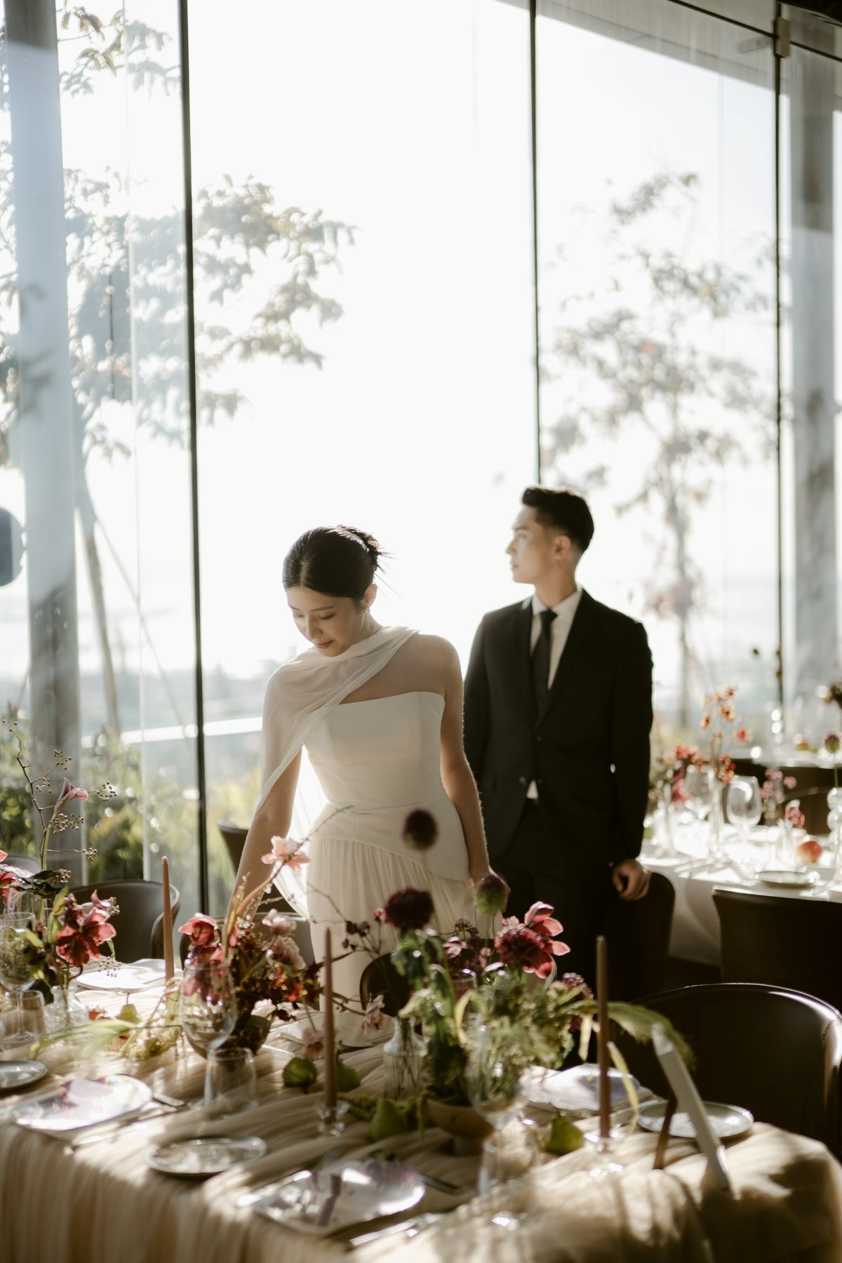 Elsa Strapless Corset A-Line Wedding Dress with Neck Scarf in Crepe & Chiffon | Bone and Grey Bridal | Affordable Simple Bridal Gowns Online Canada USA Singapore
