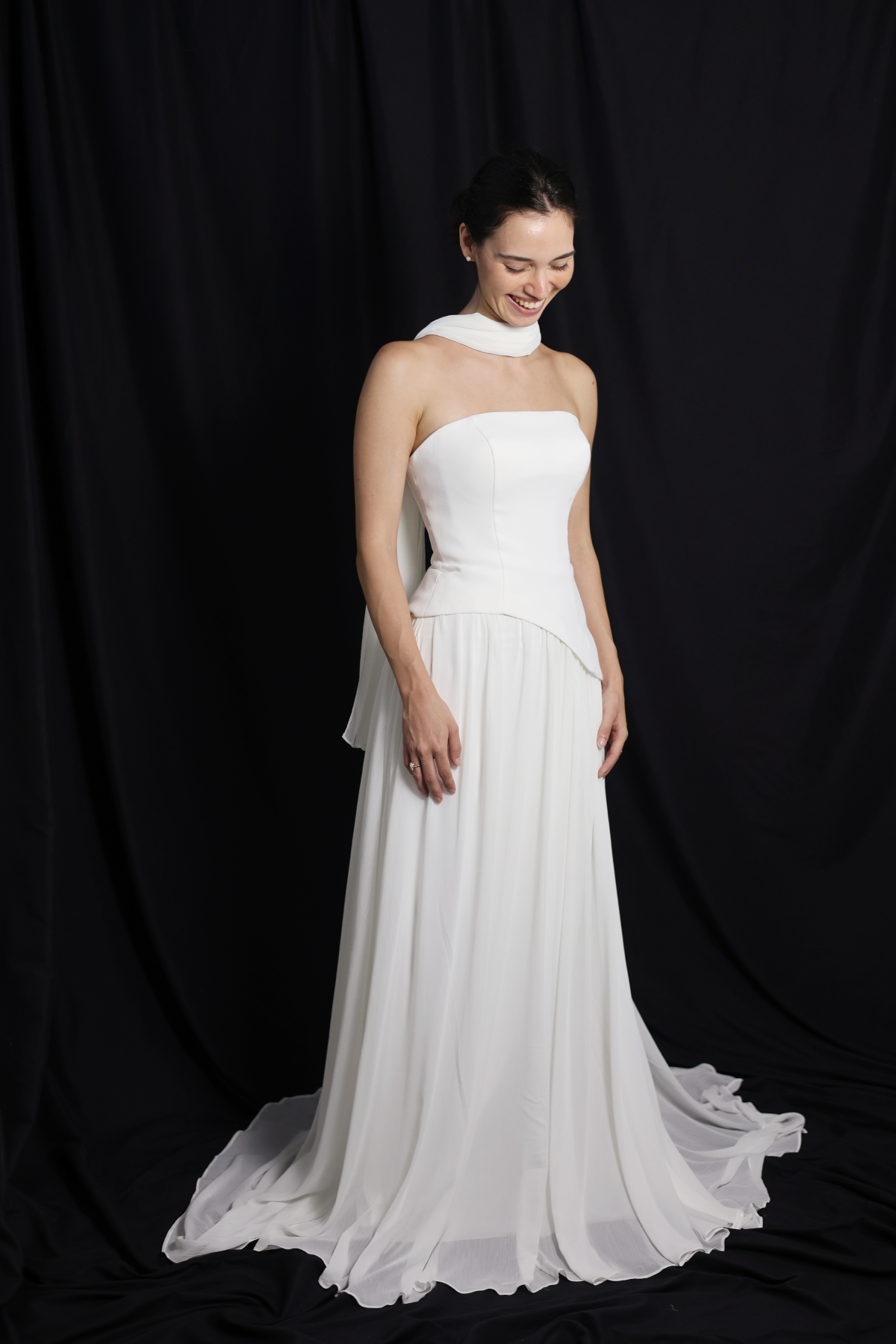 Elsa Strapless Corset A-Line Wedding Dress with Neck Scarf in Crepe & Chiffon | Bone and Grey Bridal | Affordable Simple Bridal Gowns Online Canada USA Singapore
