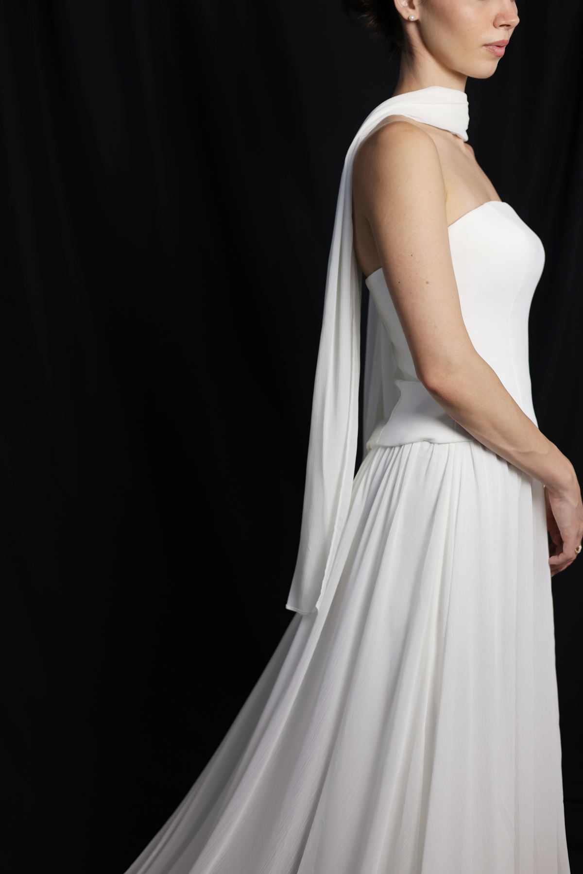 Elsa Strapless Corset A-Line Wedding Dress with Neck Scarf in Crepe & Chiffon | Bone and Grey Bridal | Affordable Simple Bridal Gowns Online Canada USA Singapore