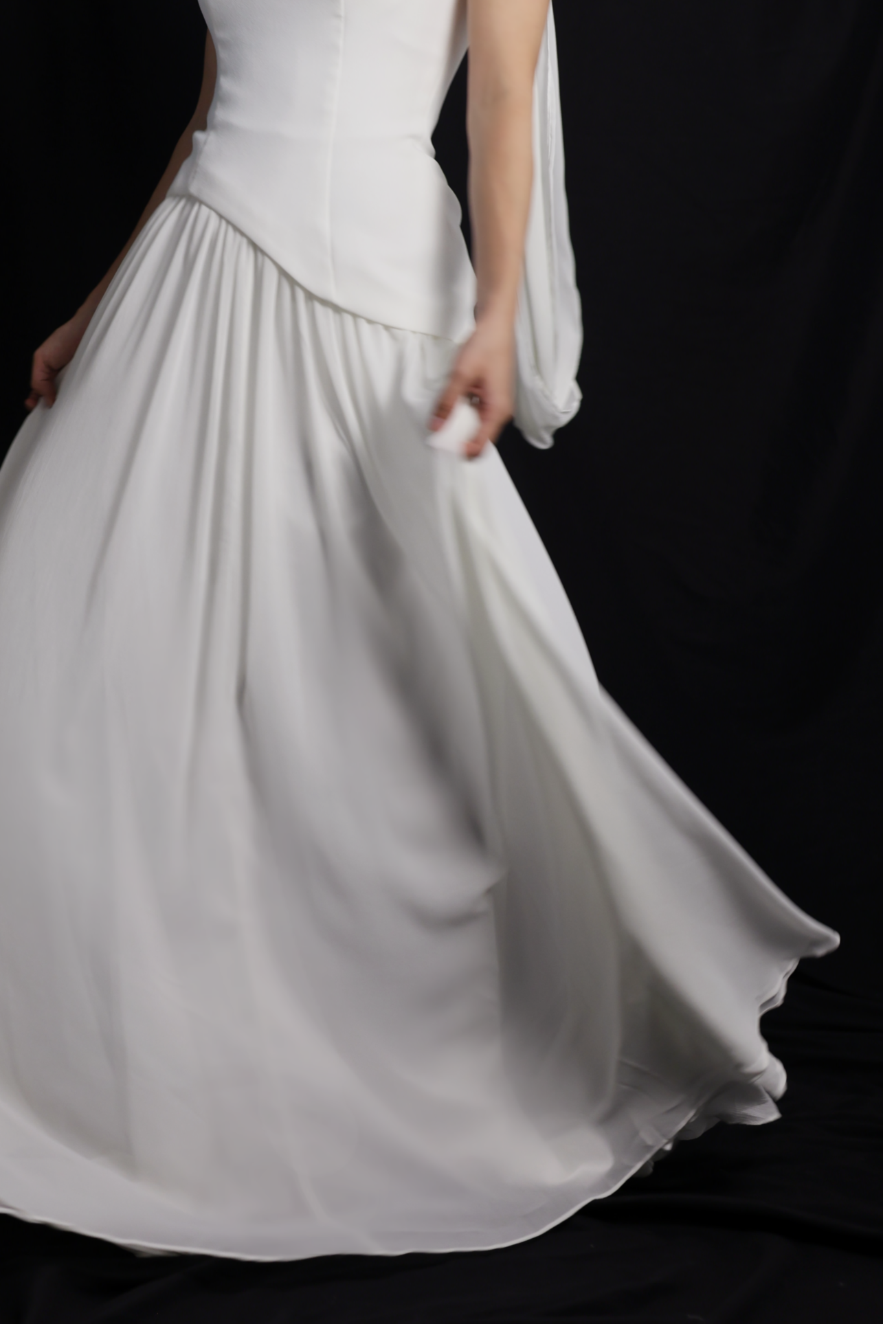 Elsa Strapless Corset A-Line Wedding Dress with Neck Scarf in Crepe & Chiffon | Bone and Grey Bridal | Affordable Simple Bridal Gowns Online Canada USA Singapore