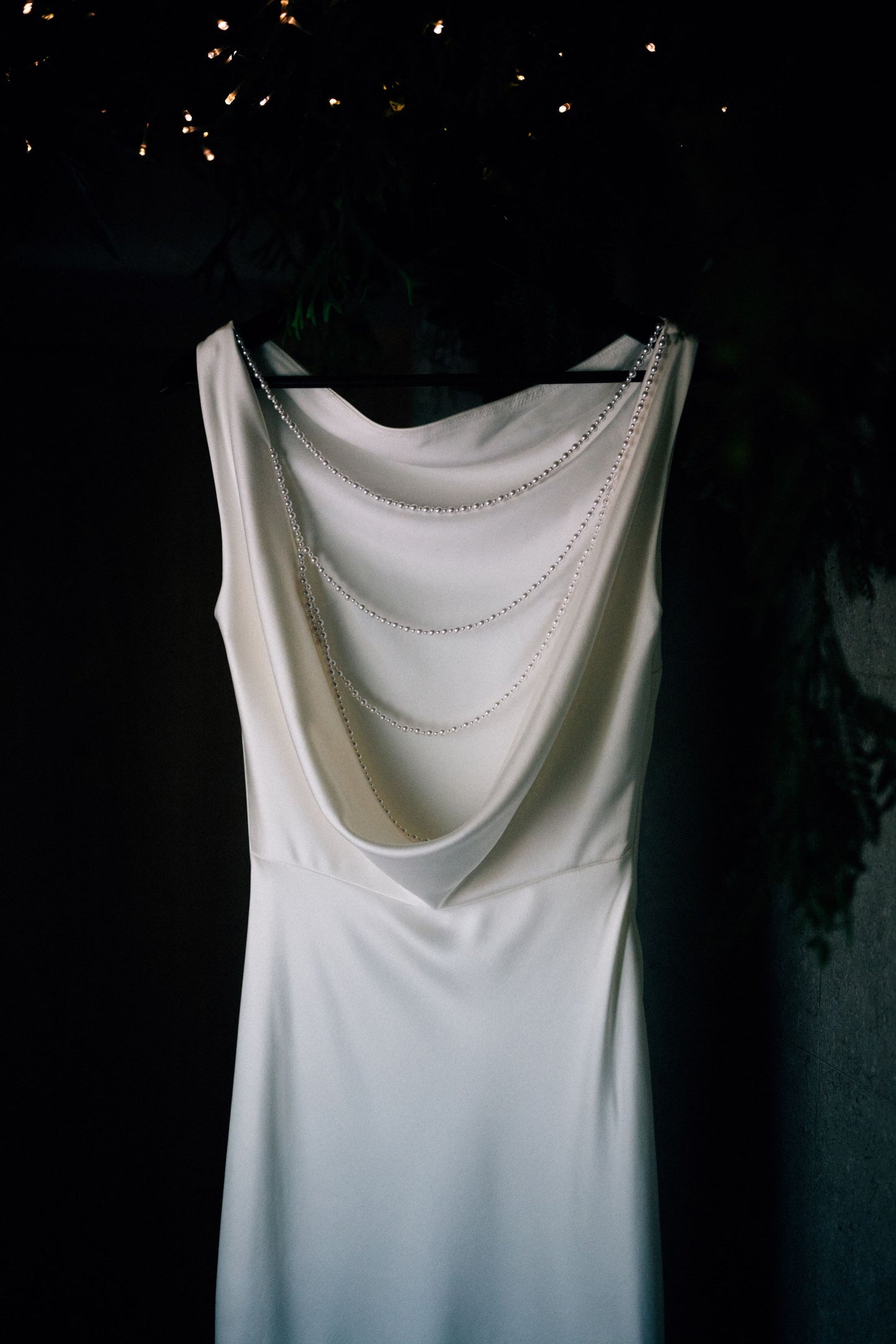 Emma Cowl Neck No Train Satin Wedding Dress with Low Back & Bead Strands | Bone and Grey Bridal | Affordable Minimal Wedding Dresses Online Canada USA Singapore