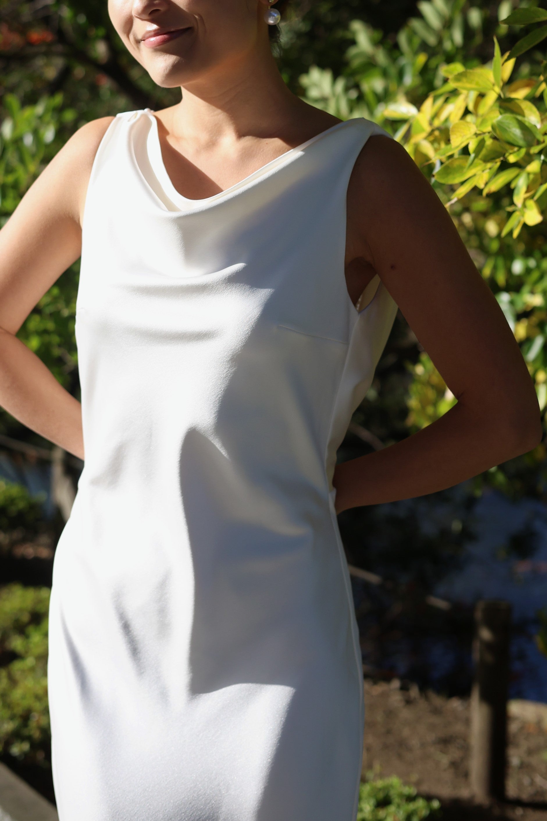 Emma Cowl Neck No Train Satin Wedding Dress with Low Back Bead