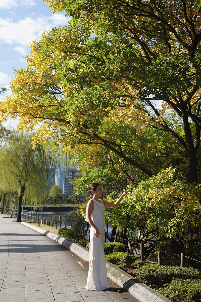 Emma Cowl Neck No Train Satin Wedding Dress with Low Back & Bead Strands | Bone and Grey Bridal | Affordable Minimal Wedding Dresses Online Canada USA Singapore