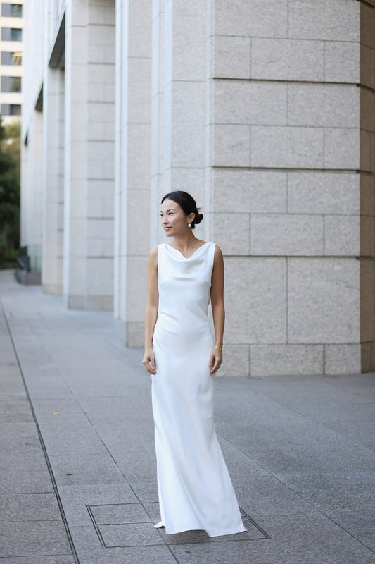 Emma Cowl Neck No Train Satin Wedding Dress with Low Back & Bead Strands | Bone and Grey Bridal | Affordable Minimal Wedding Dresses Online Canada USA Singapore