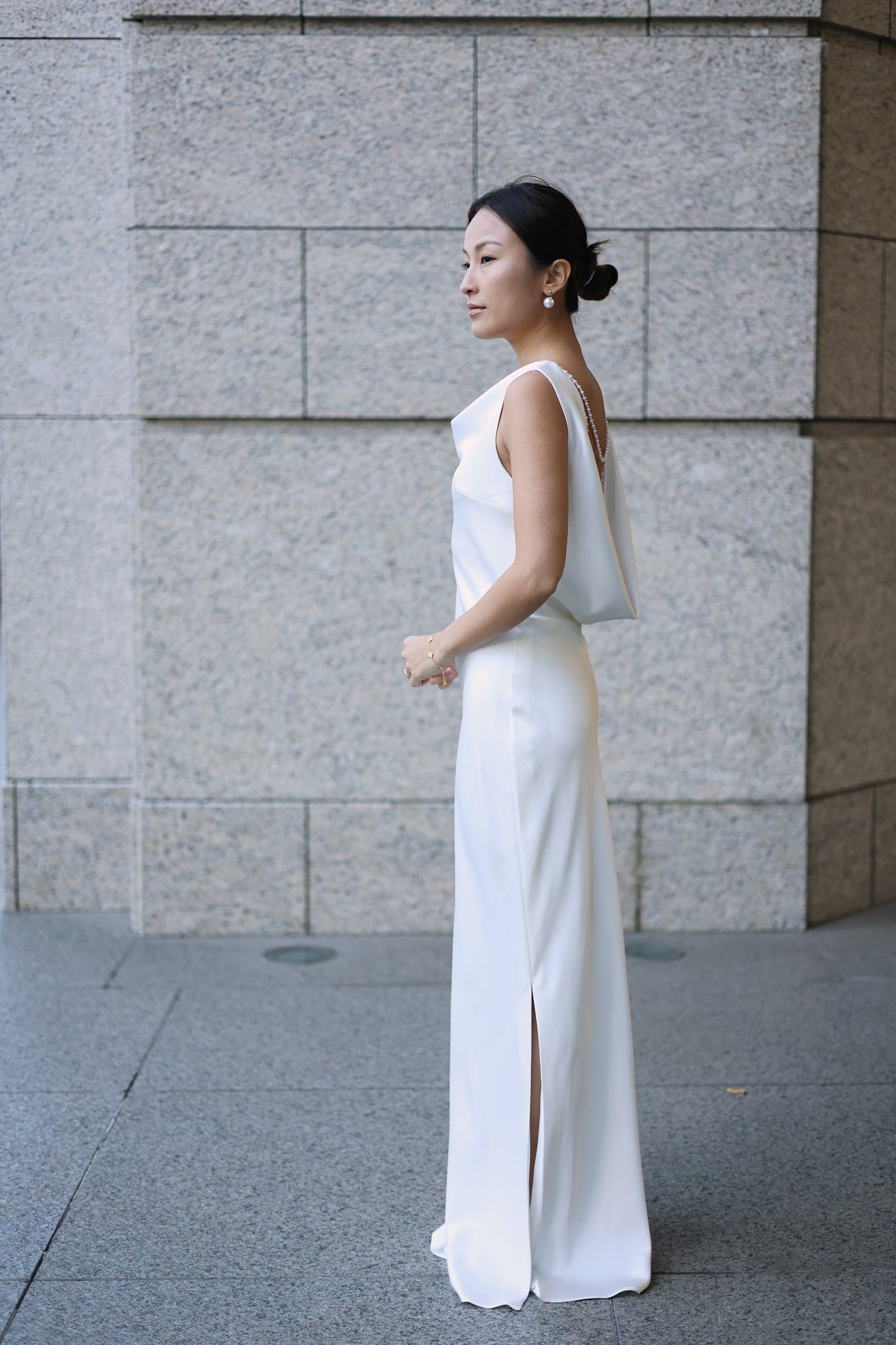 Emma Cowl Neck No Train Satin Wedding Dress with Low Back & Bead Strands | Bone and Grey Bridal | Affordable Minimal Wedding Dresses Online Canada USA Singapore